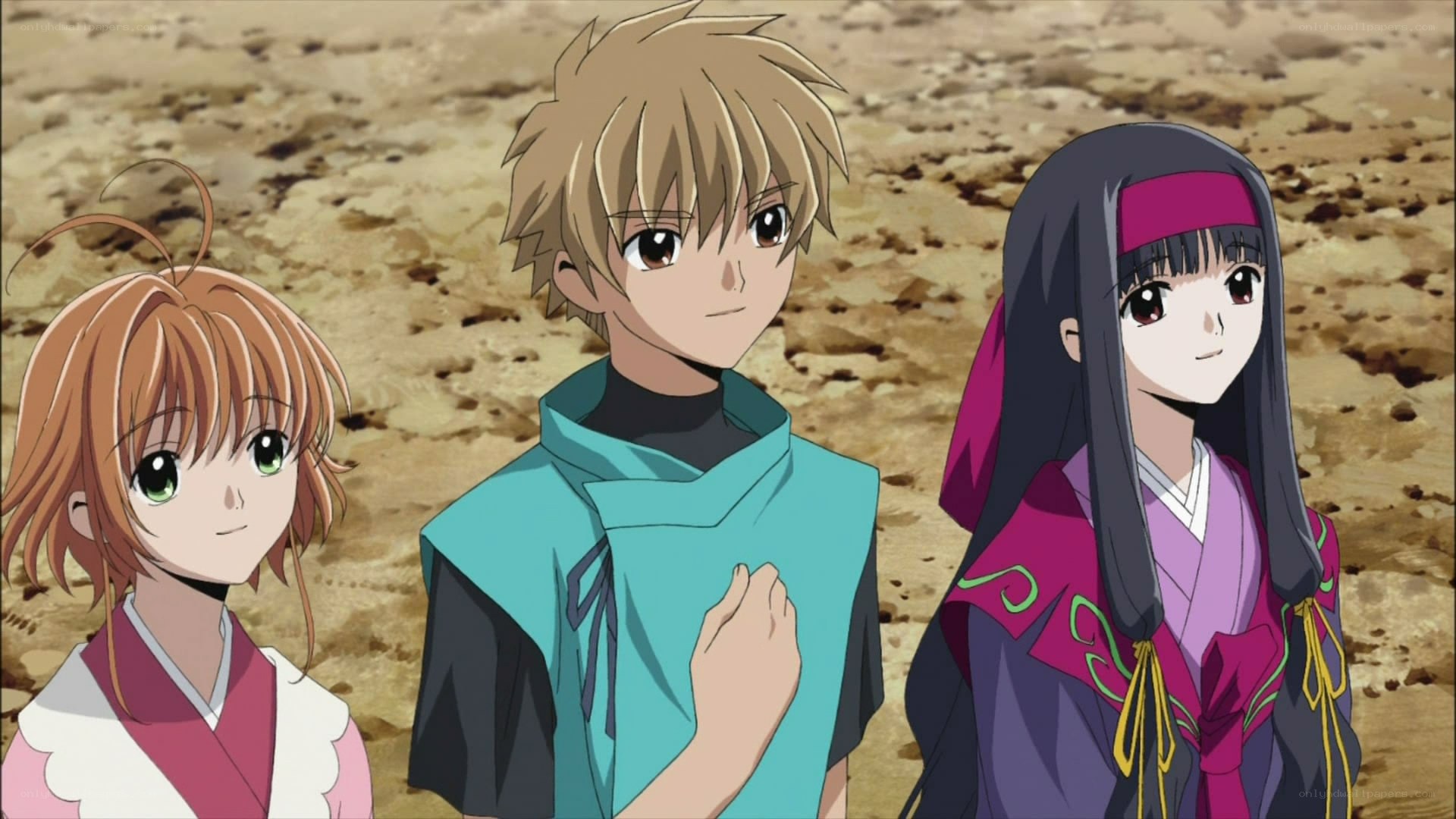 three anime characters in desert