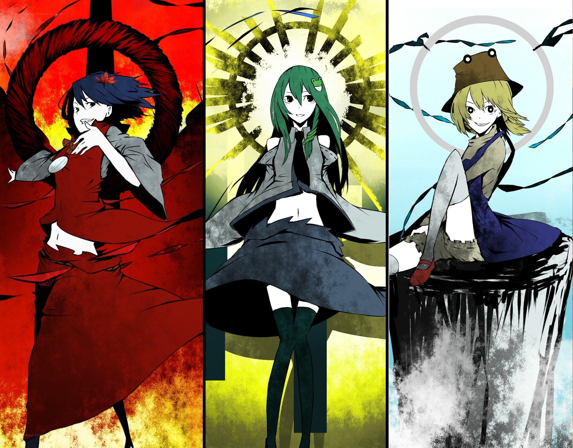 Three anime characters in distinct panels