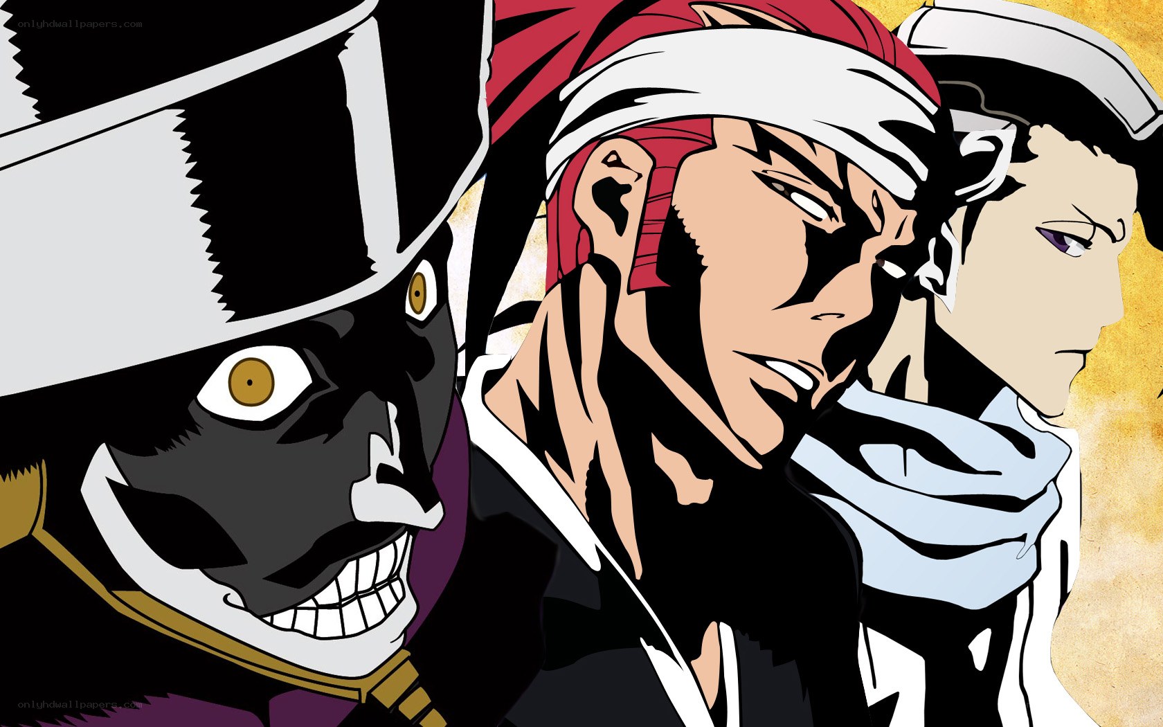 three anime characters in dramatic pose