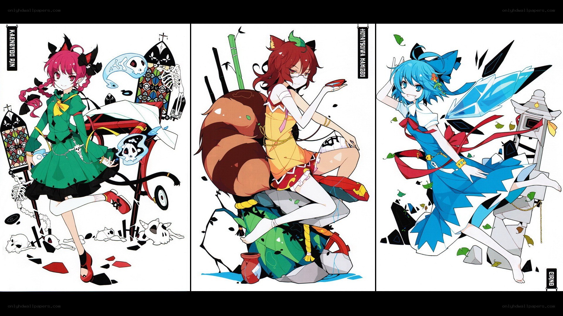 Three anime characters in dynamic poses