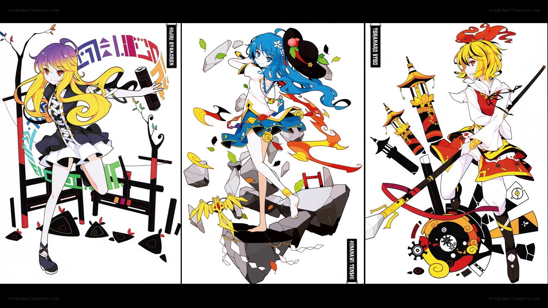 Three anime characters in dynamic poses