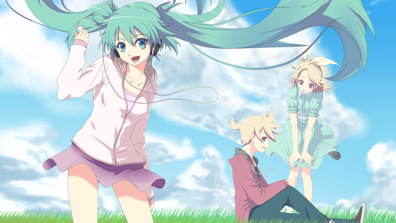 Three Anime Characters in Field — Blue, Cheerful, Afternoon