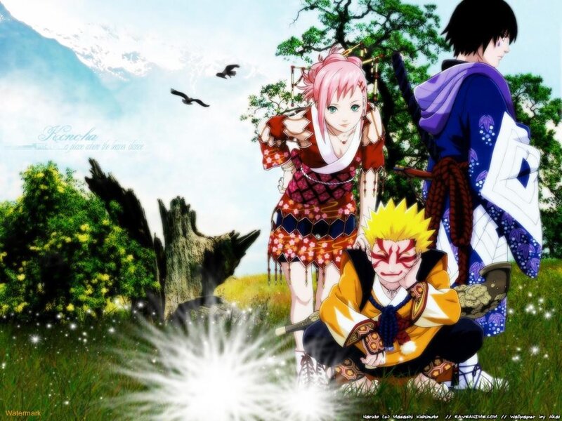 Three Anime Characters in Field — Green, Peaceful, Afternoon, Mountains