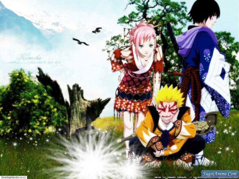 Three Anime Characters in Field — Green, Peaceful, Afternoon, Mountains, Trees