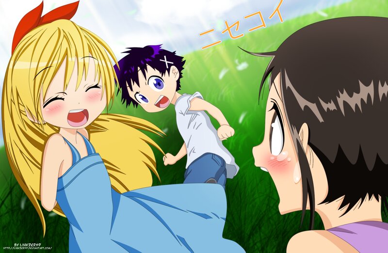Three Anime Characters in Field — Green, Playful, Afternoon
