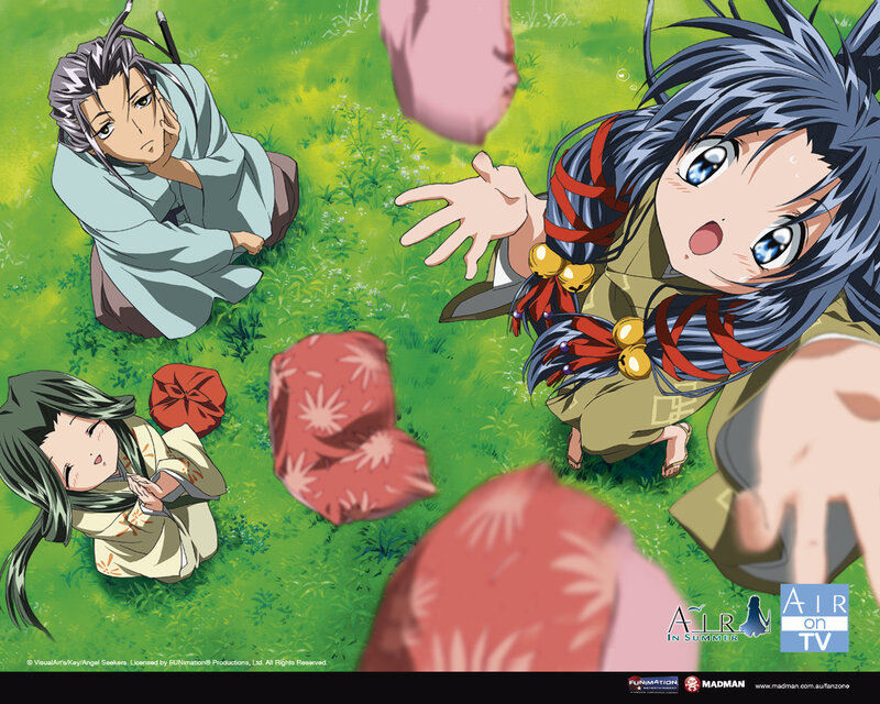 Three Anime Characters in Field — Green, Playful