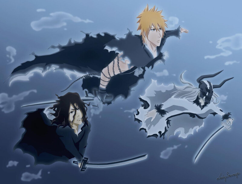 Three Anime Characters in Flight — Blue, Dramatic