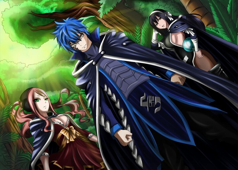Three Anime Characters in Forest — Green, Dramatic, Afternoon, Cloak, Magic Sphere