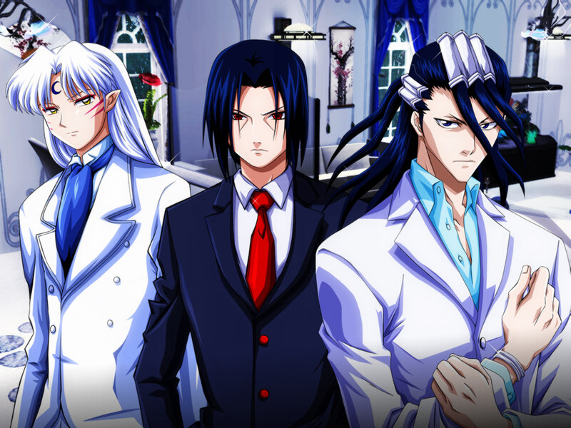 three anime characters in formal wear
