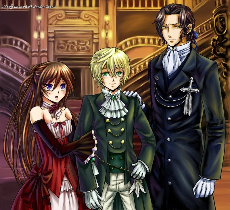 Three anime characters in formal wear