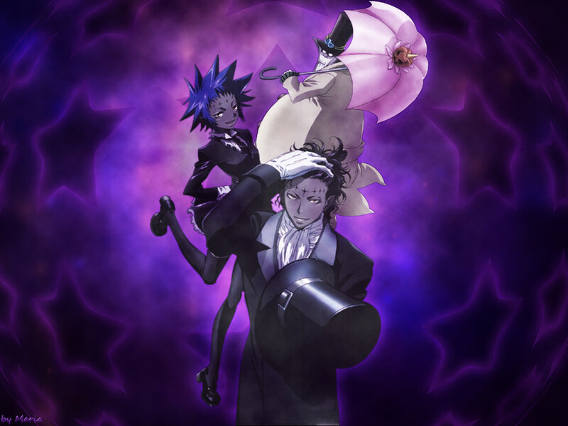 Three anime characters in formal wear