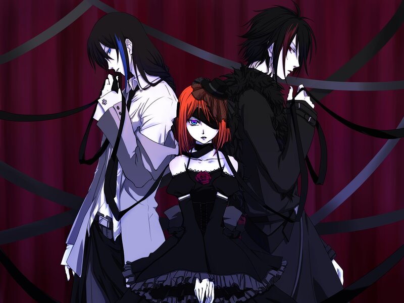 three anime characters in gothic attire