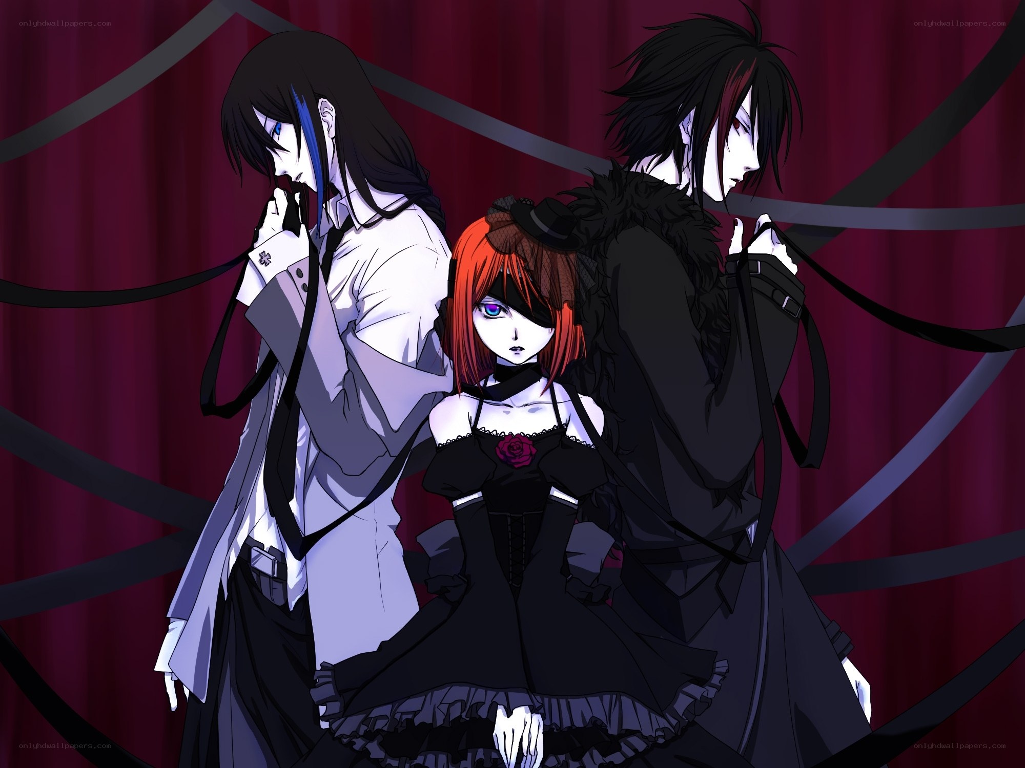 three anime characters in gothic attire