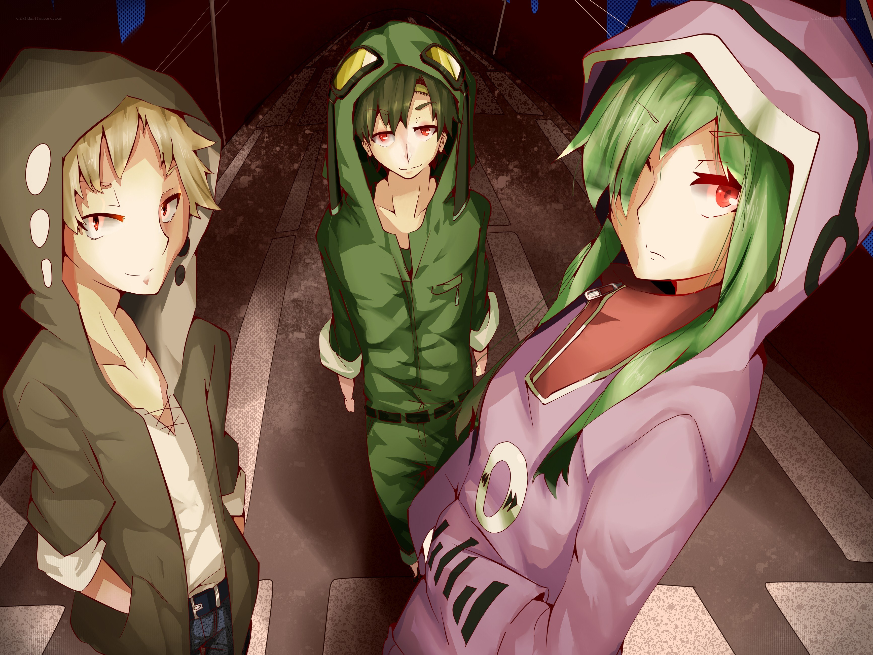 three anime characters in hoodies