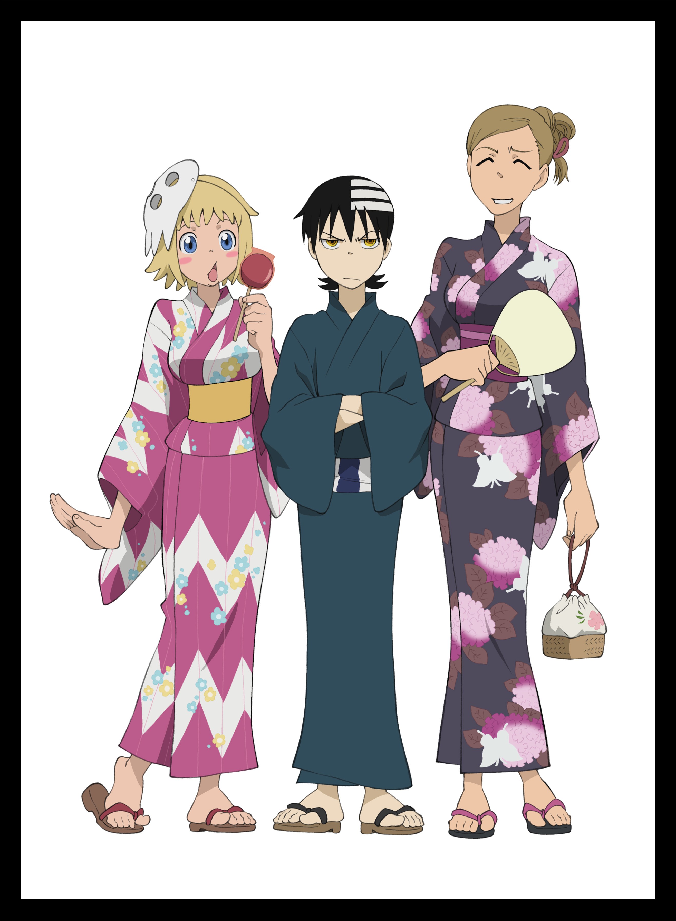 Three anime characters in kimonos