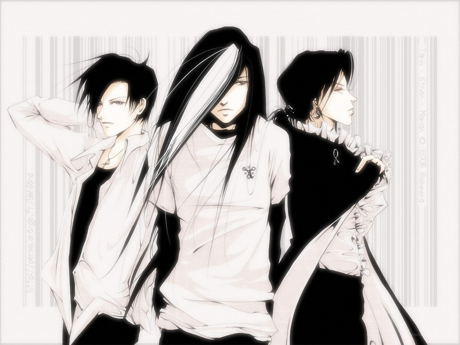 Three anime characters in monochrome