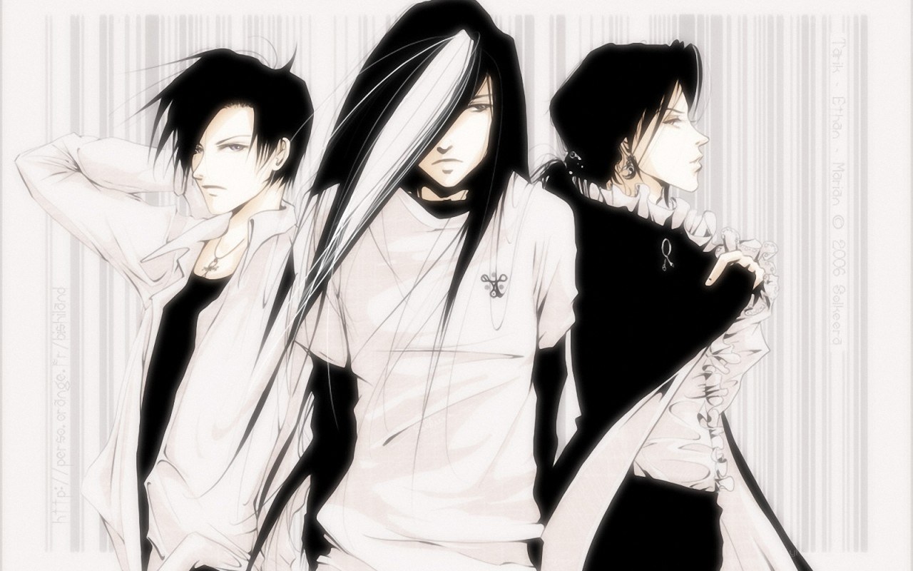 three anime characters in monochrome