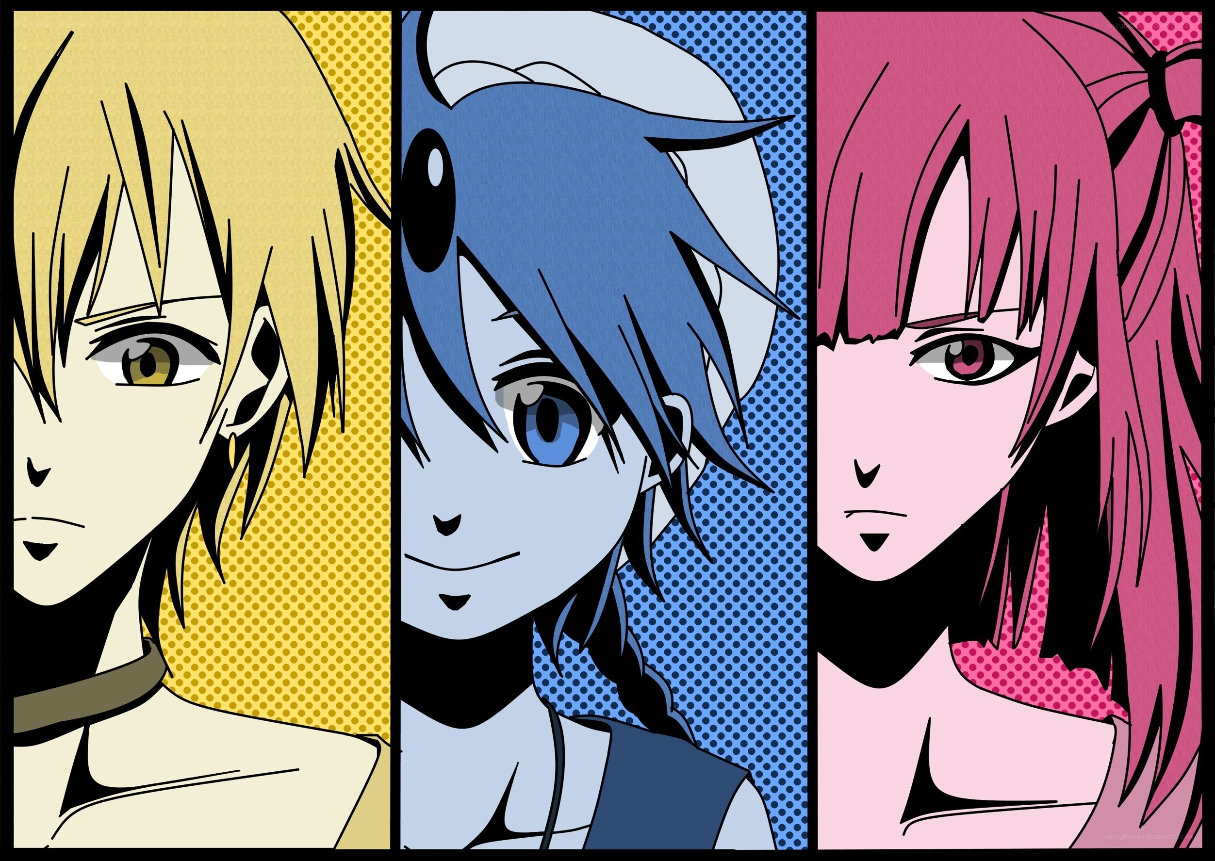 three anime characters in pop art style