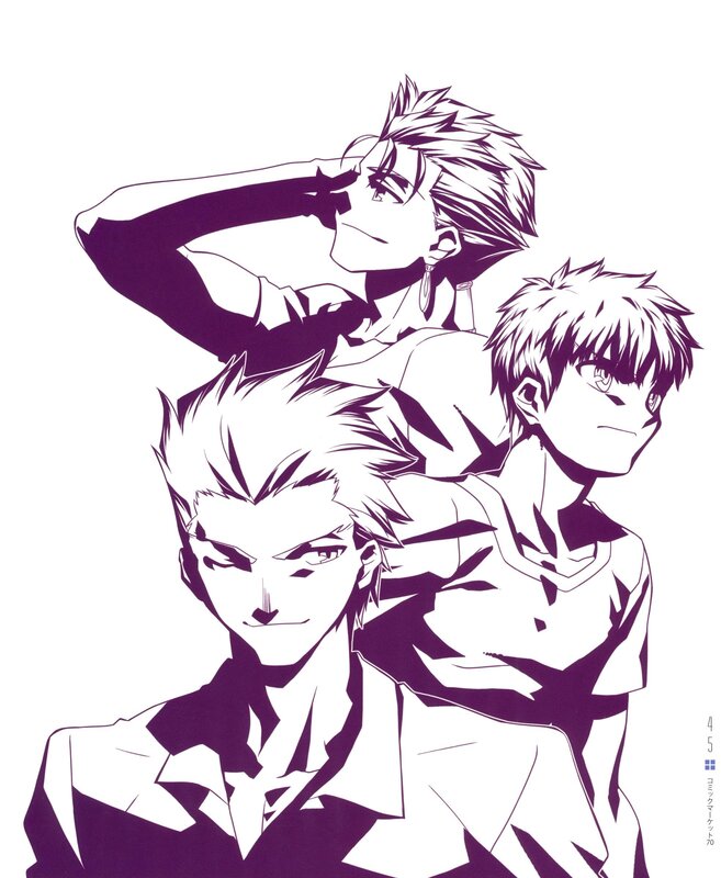 three anime characters in purple line art