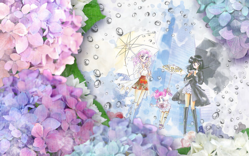 Three Anime Characters in Rain — Purple, Dreamy