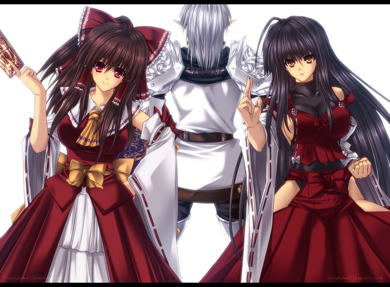 three anime characters in red and white