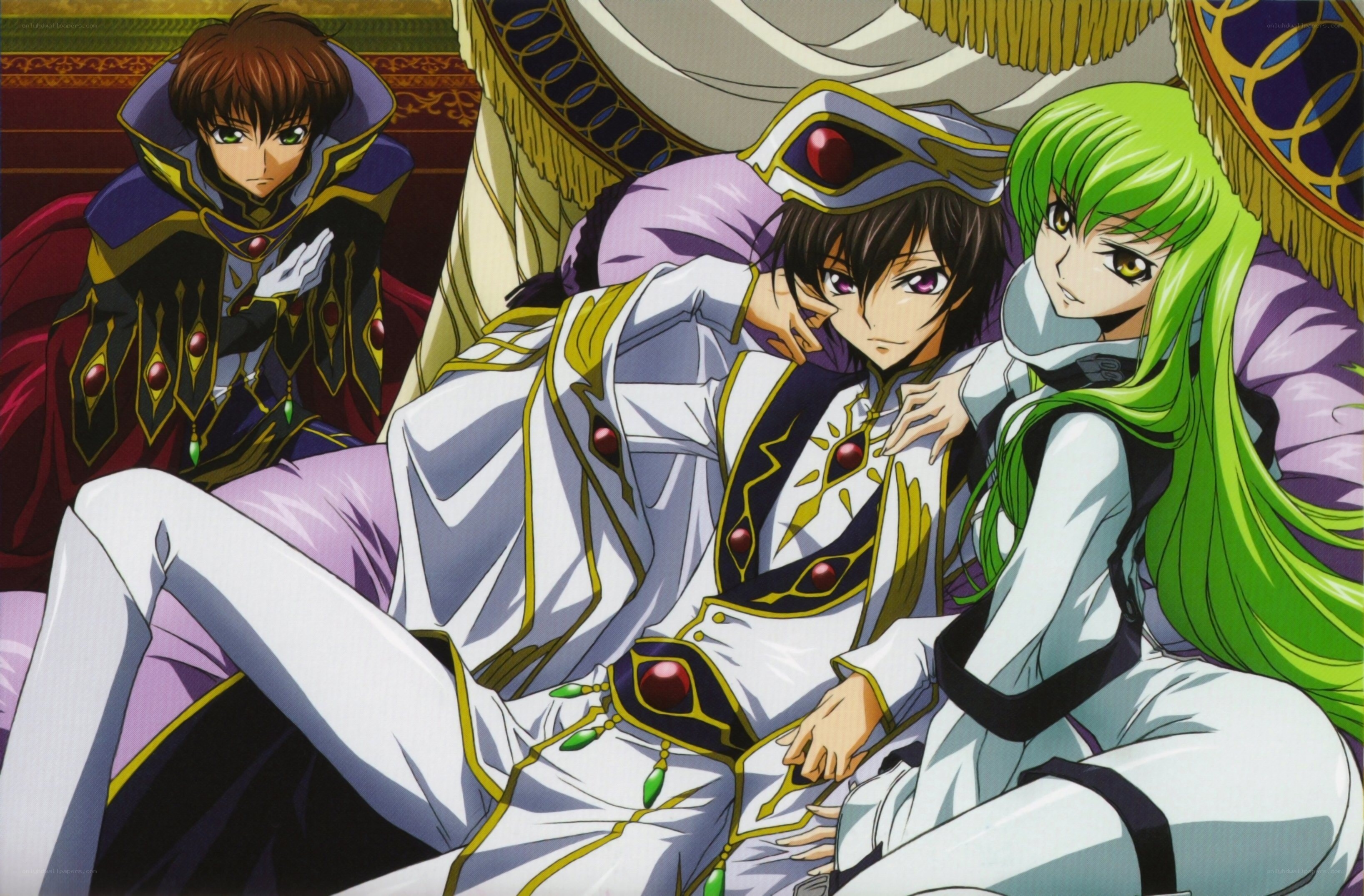 three anime characters in regal attire