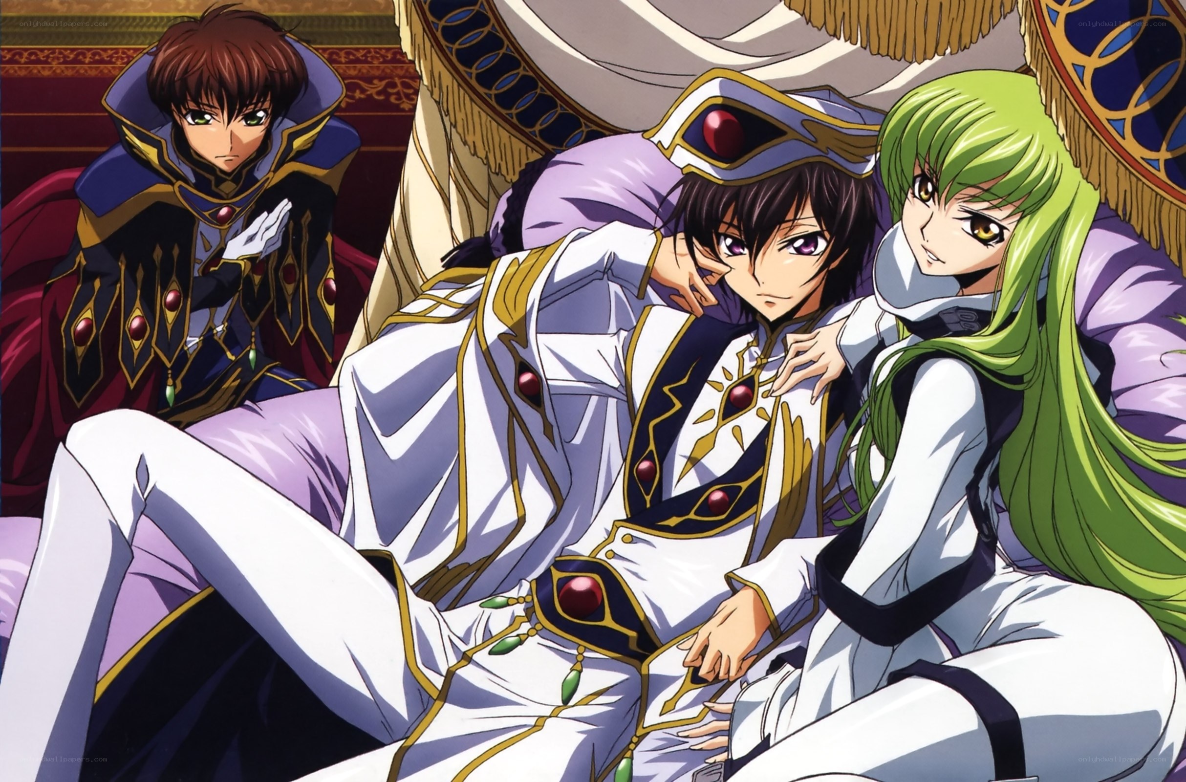 Three anime characters in regal attire