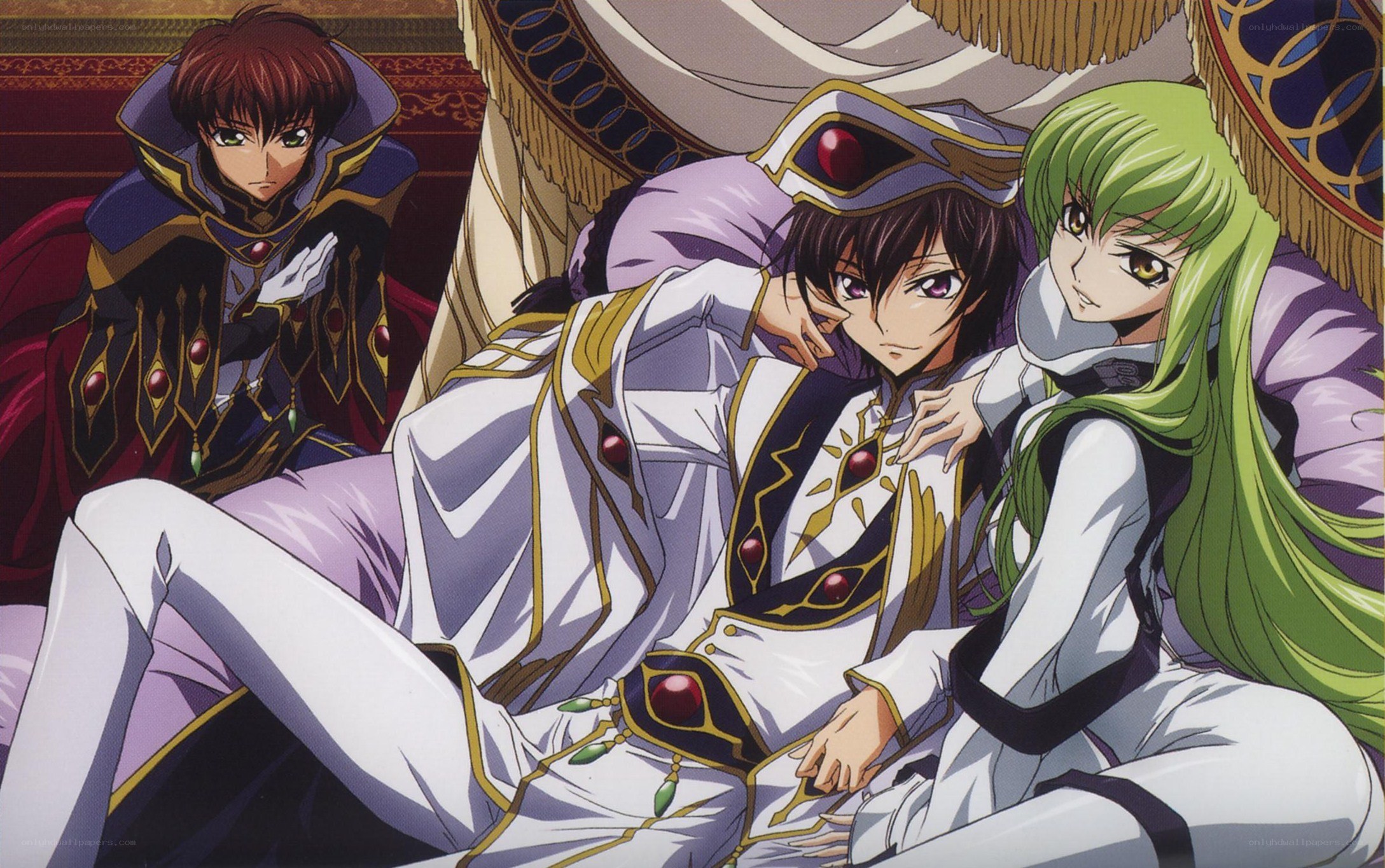 three anime characters in regal attire