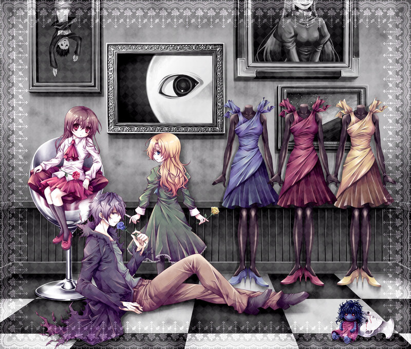 Three Anime Characters in Room — Gray