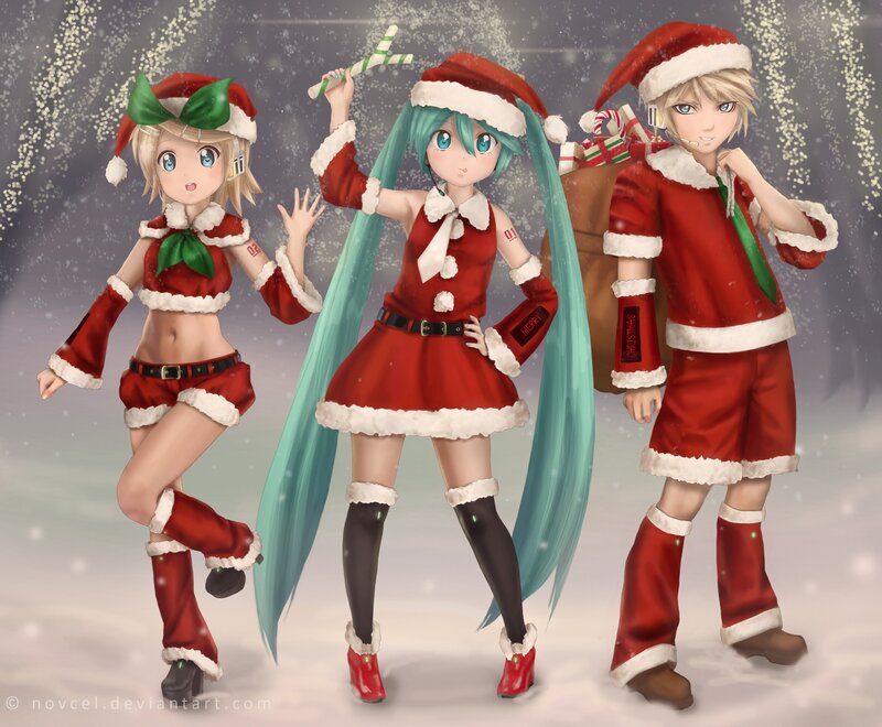 Three Anime Characters in Santa Outfits — Red, Festive