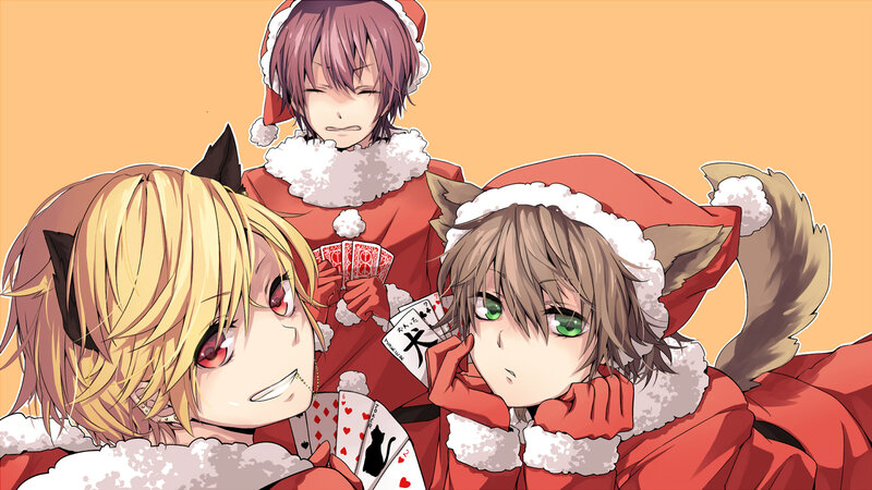 Three Anime Characters in Santa Outfits — Red, Festive, Winter, Santa Hats