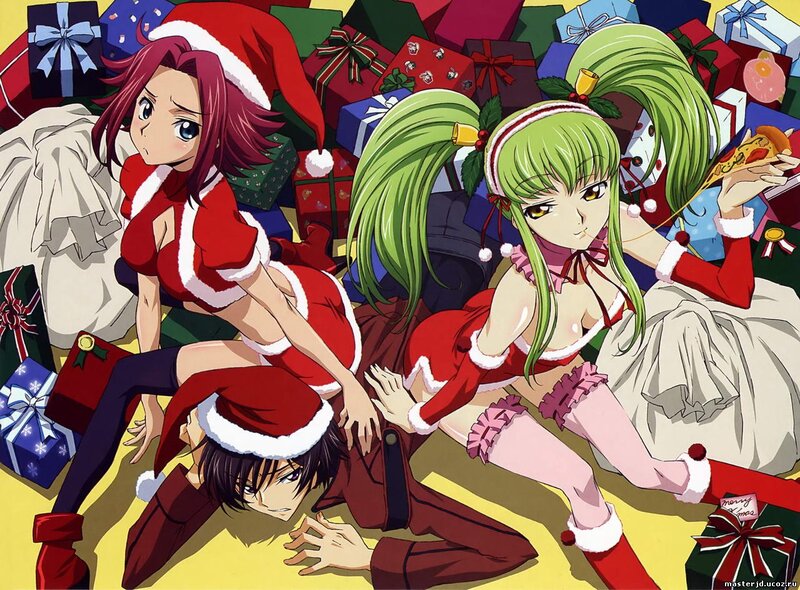 Three Anime Characters in Santa Outfits — Red