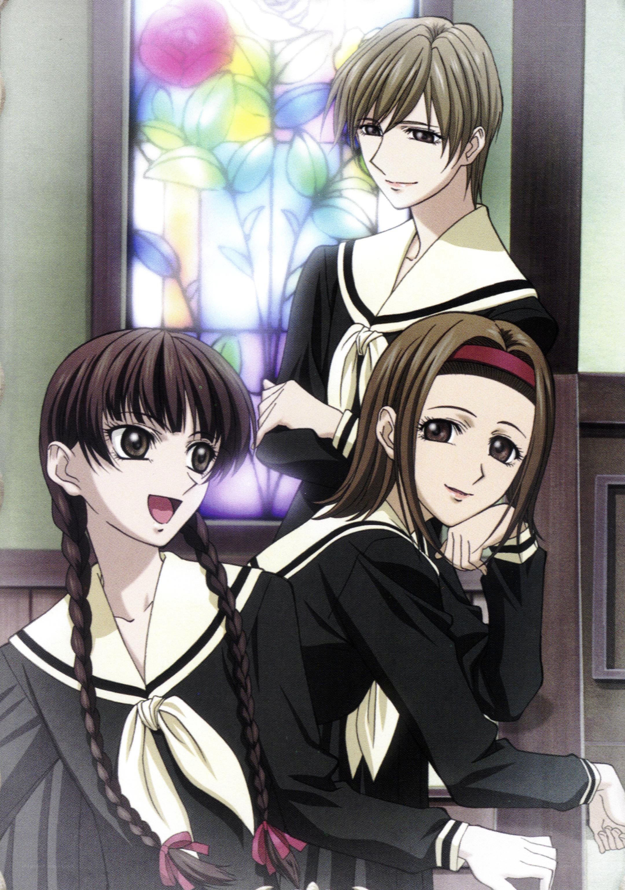 Three anime characters in school uniforms