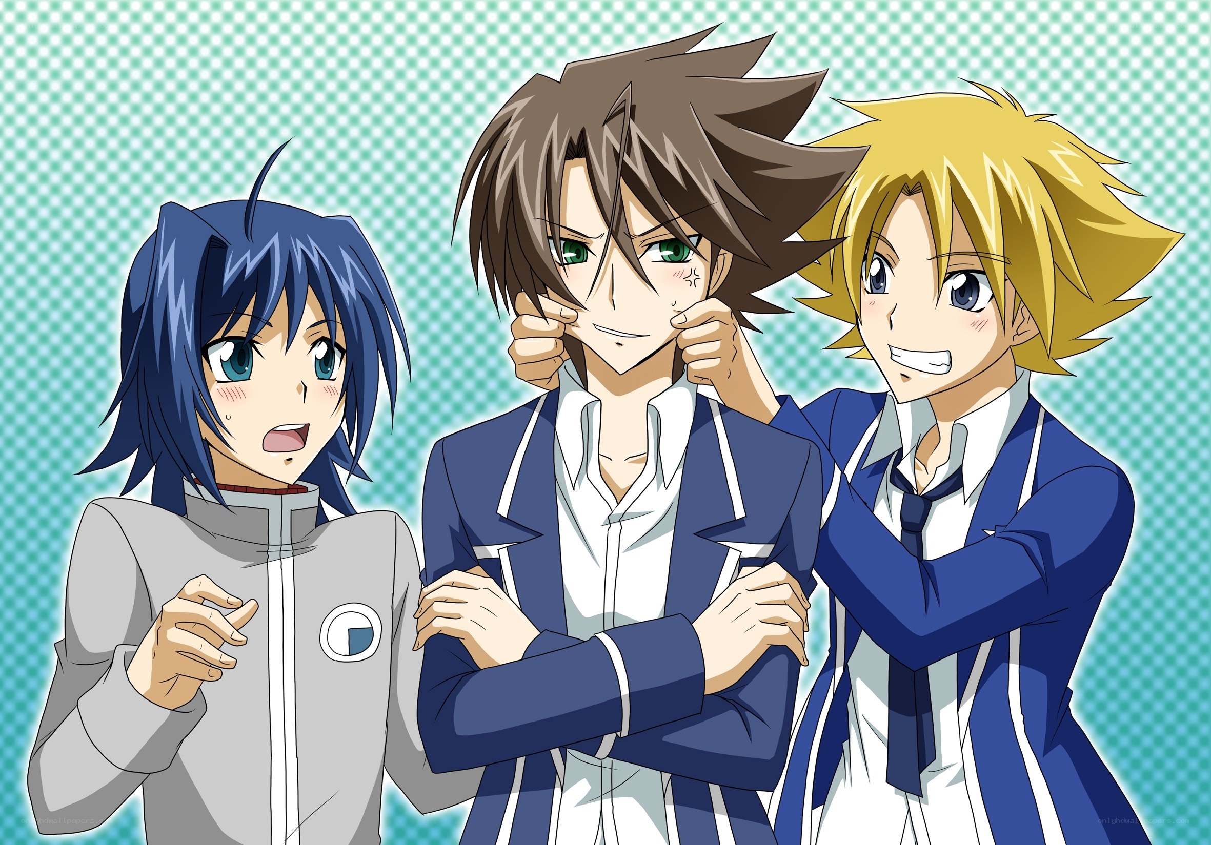three anime characters in school uniforms