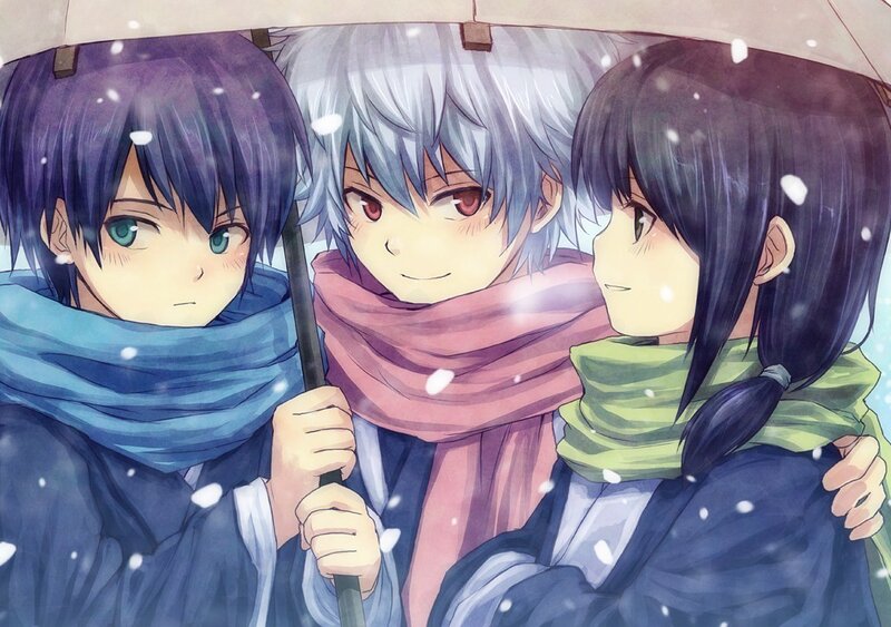 three anime characters in snow