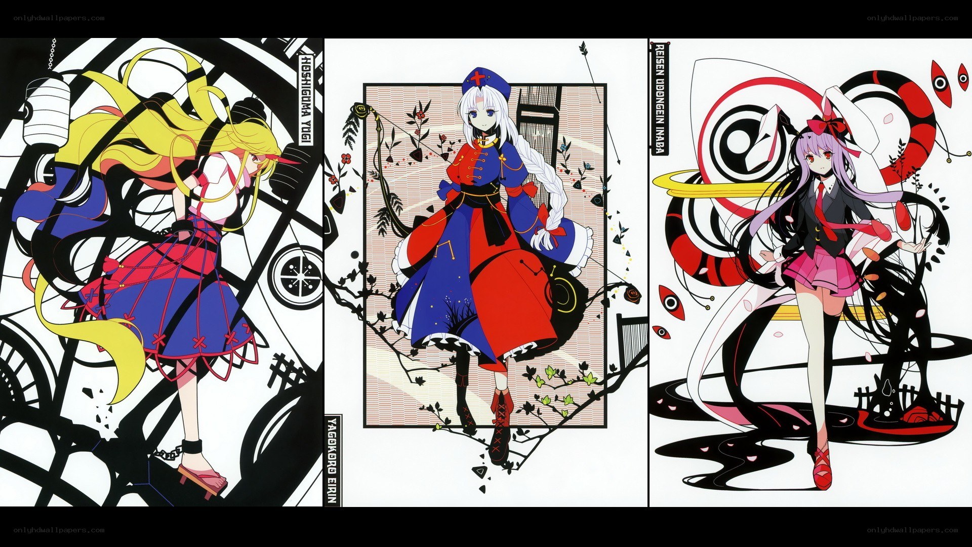 Three anime characters in stylized art