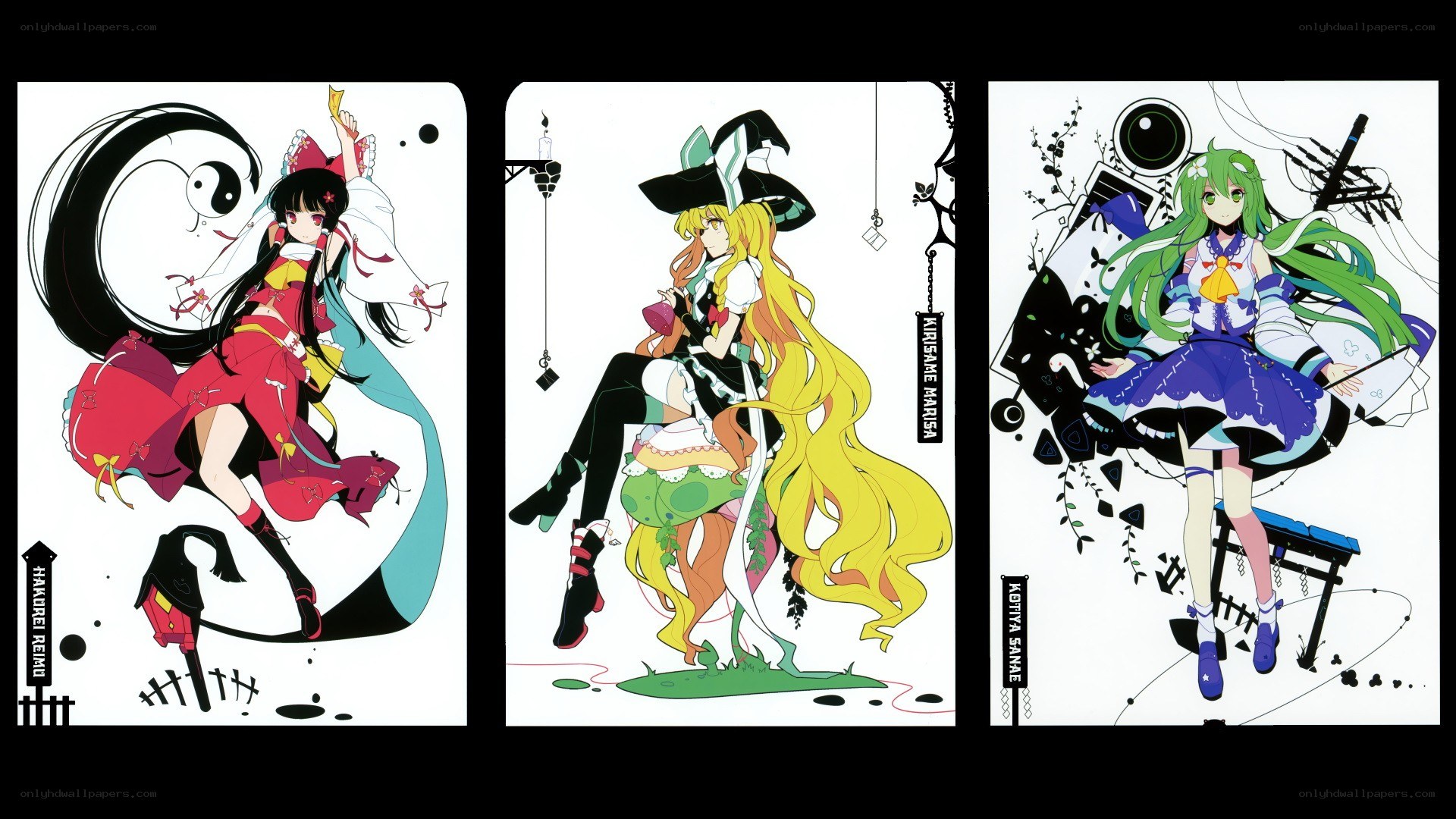 Three anime characters in stylized art