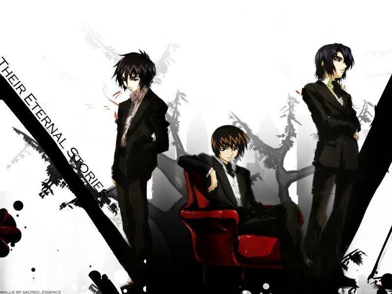 Three anime characters in suits