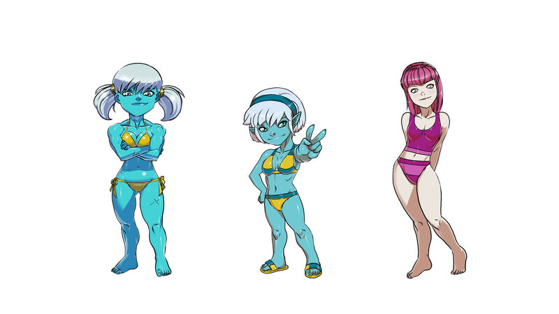 three anime characters in swimsuits