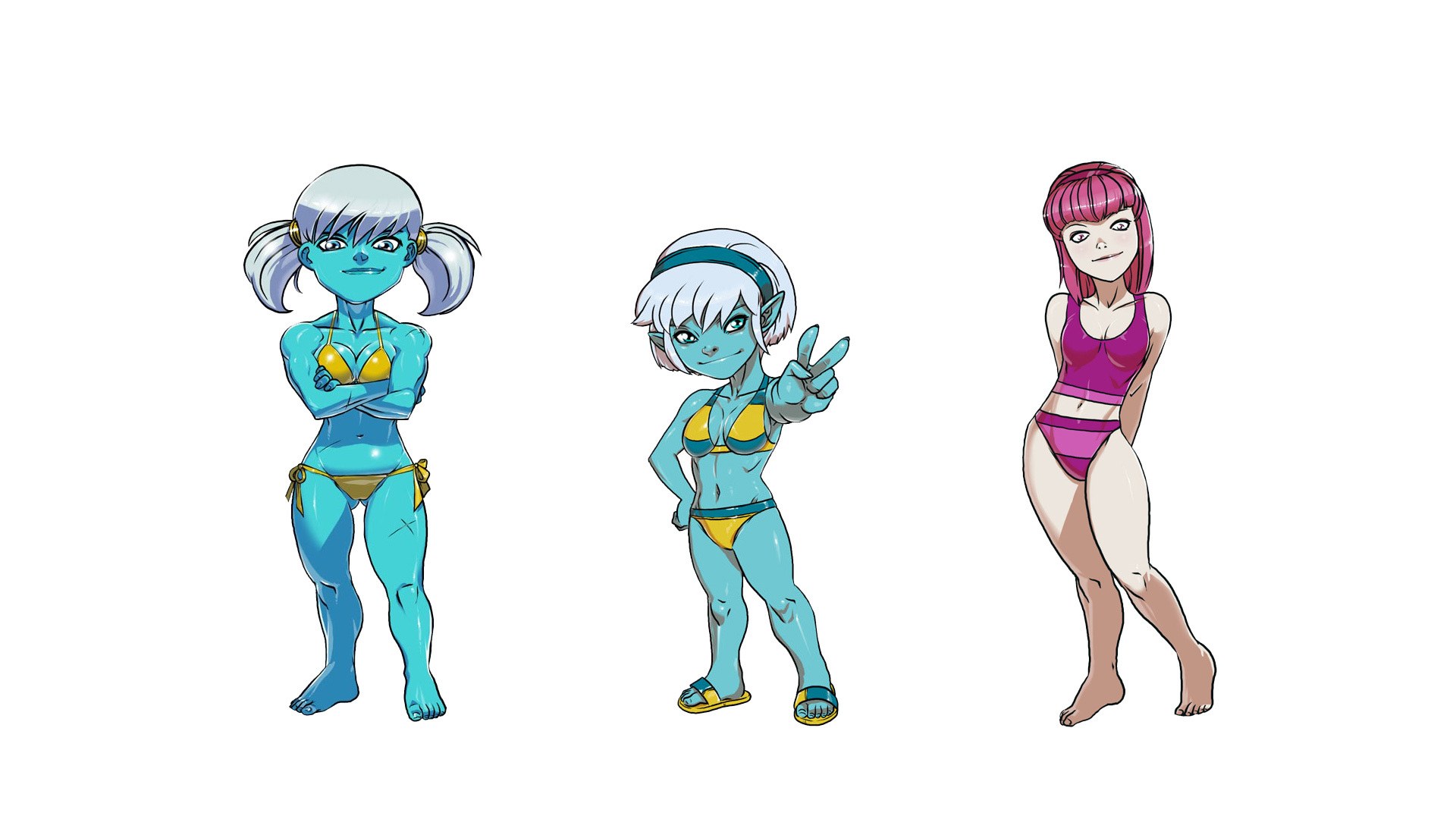 three anime characters in swimsuits