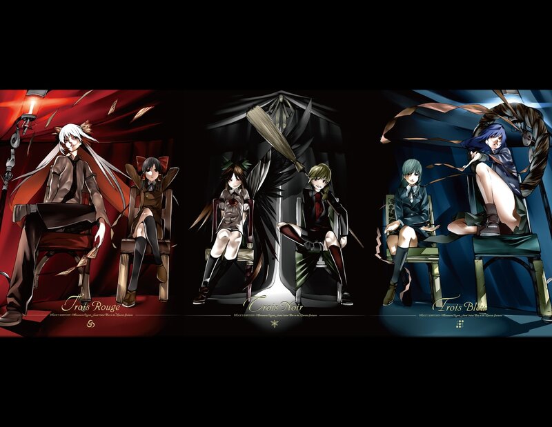 Three anime characters in themed groups