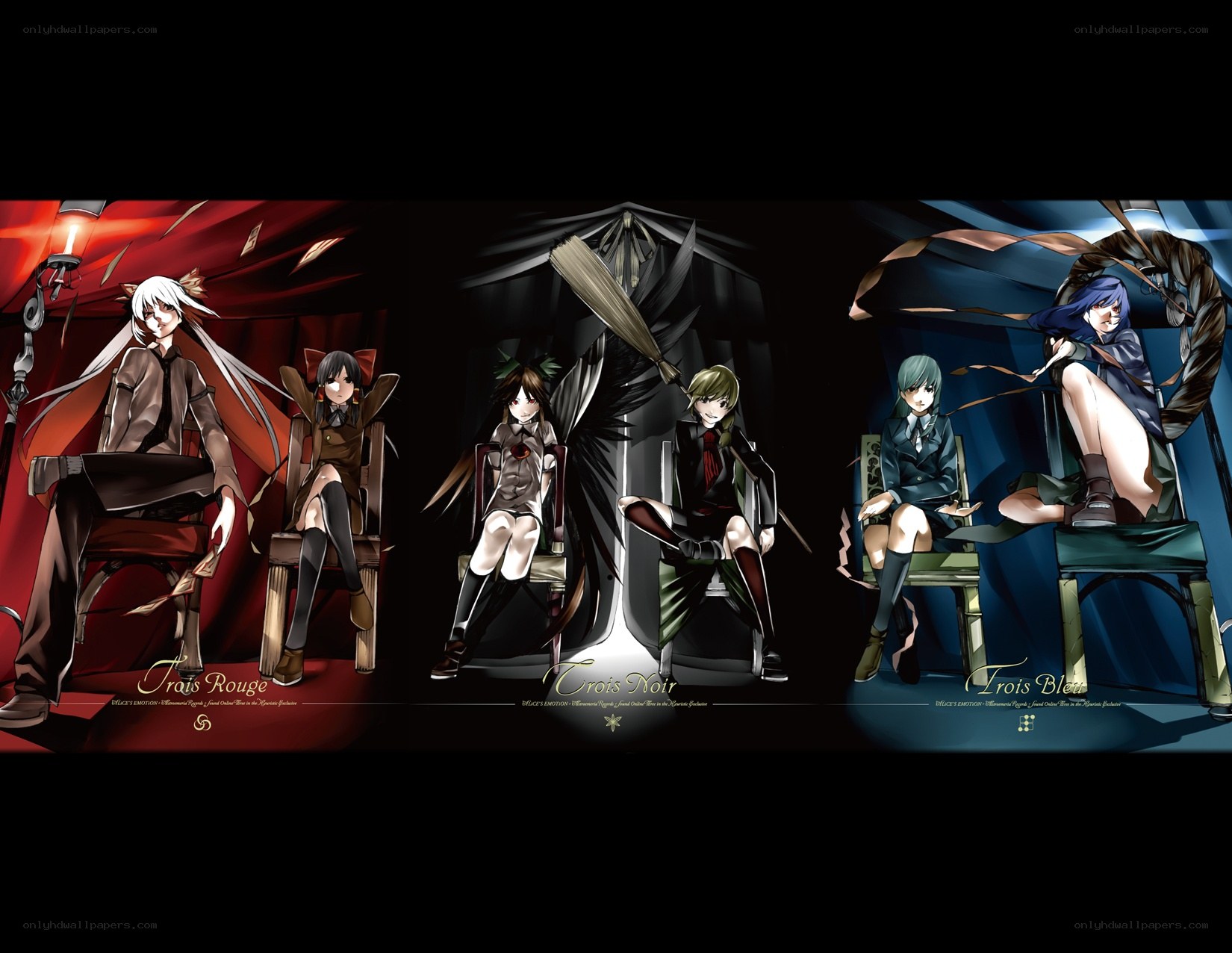 Three anime characters in themed groups