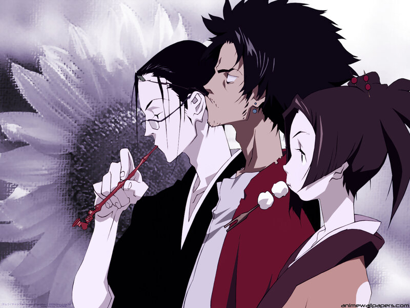 Three anime characters in traditional attire