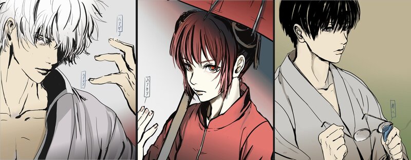 Three anime characters in traditional attire