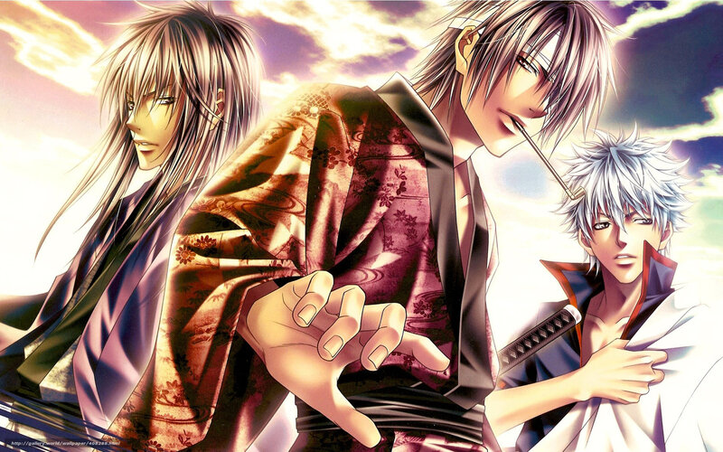 three anime characters in traditional attire