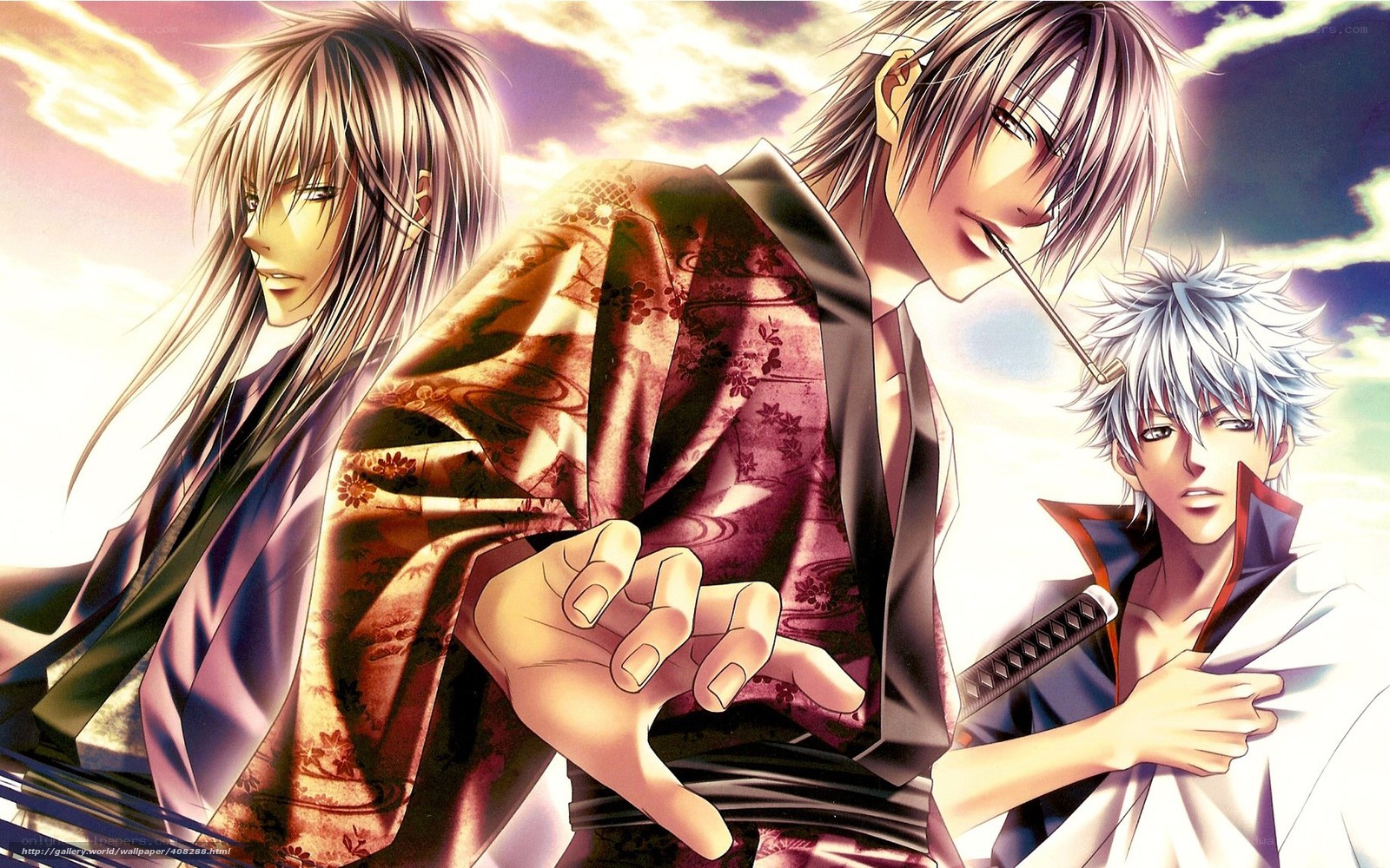 three anime characters in traditional attire