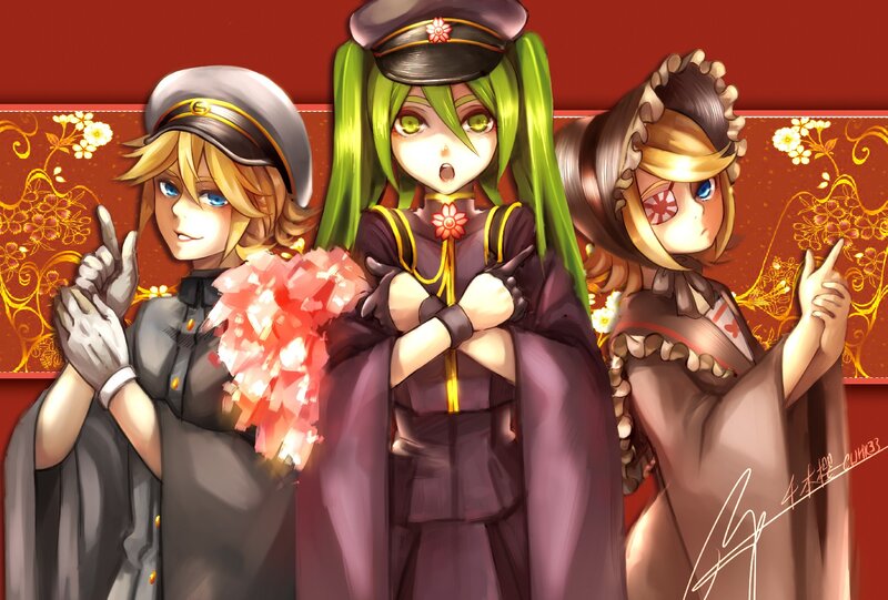 Three anime characters in uniforms