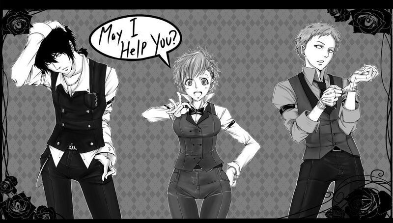 Three anime characters in vests