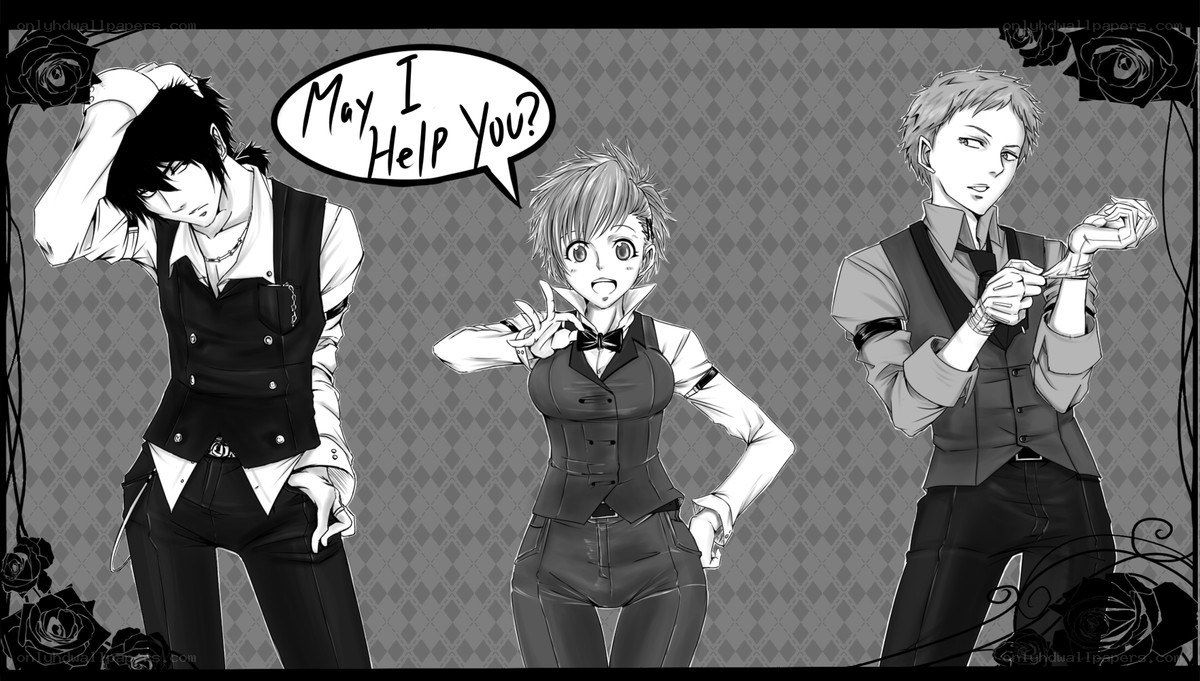 Three anime characters in vests