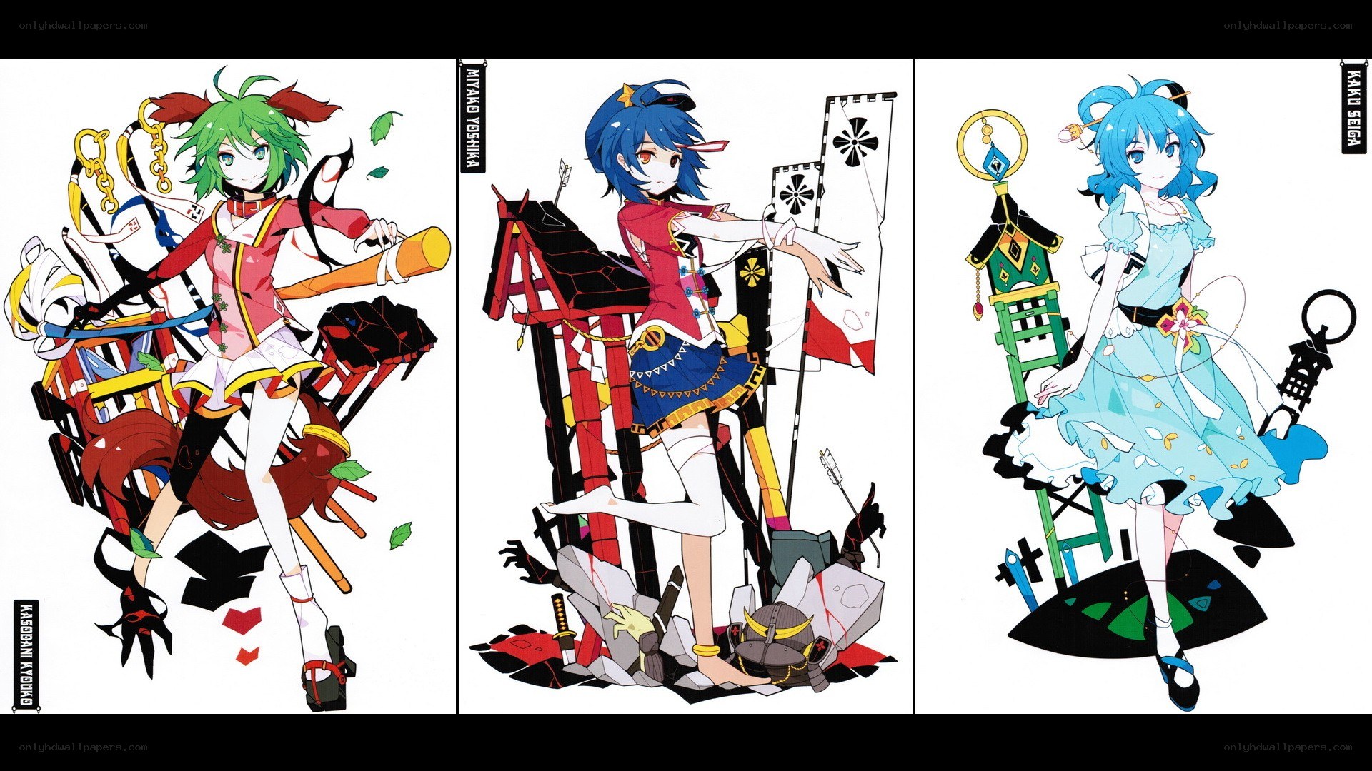 Three anime characters in vibrant art